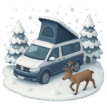 VW camper van pitched up in a snowy winter wonderland with a reindeer walking by.