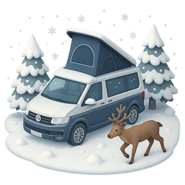 VW camper van pitched up in a snowy winter wonderland with a reindeer walking by.