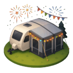A touring caravan with a porch awning and fireworks going off in the background.