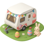 A touring caravan pitched on a campsite for Easter weekend. Bunting, Easter eggs and the Easter Bunny can been seen around the caravan and on the pitch.