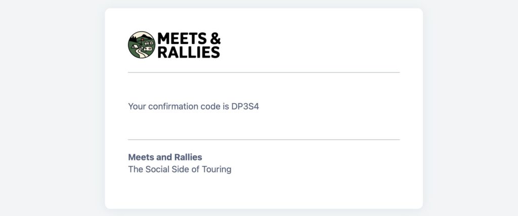 Meets and Rallies Confirmation Code Email