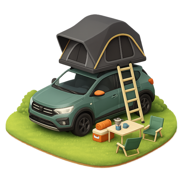 Green car with a roof tent, setup on a grass camping pitch next to a table and camping chairs.